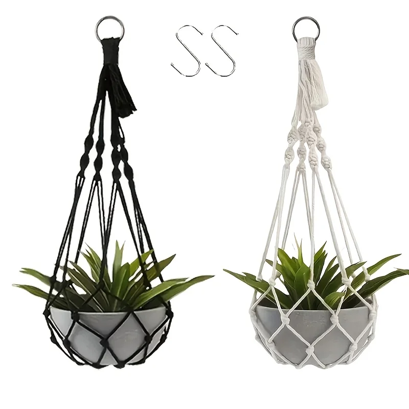 2pcs Bohemian Plant Hangers, Black White Macramé Holder with Hook for Indoor Outdoor Garden Decor 1