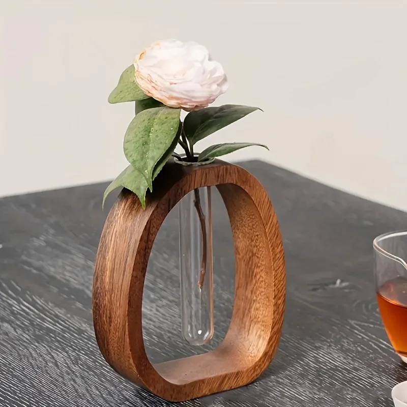 1pc Walnut Solid Wood Flower Set Hotel Decoration Simple Glass Plant Flower Arrangement Mini Aquatic Vase Hydroponic flowerpot 2