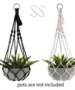 2pcs Bohemian Plant Hangers, Black White Macramé Holder with Hook for Indoor Outdoor Garden Decor 6