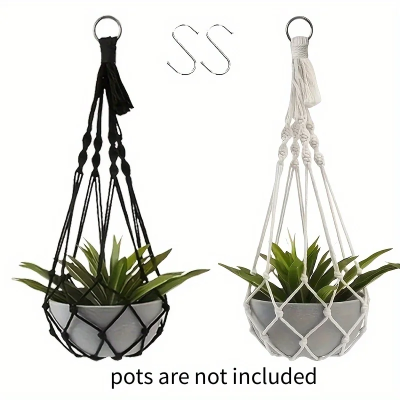 2pcs Bohemian Plant Hangers, Black White Macramé Holder with Hook for Indoor Outdoor Garden Decor 6
