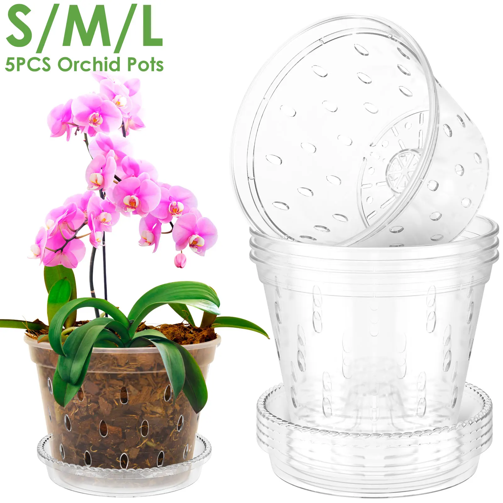 5Pcs Plastic Orchid Pot 4/5/6inch Transparent Slotted Orchid Pots with Holes and Saucers Breathable Flower Plant Pot for Nursery 1