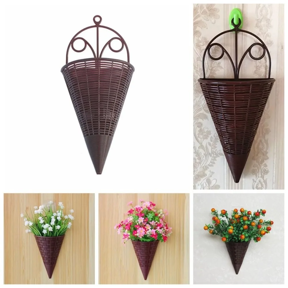 Home Decoration Hanging Flower Basket Durable Plastic Art Rattan Wall Hanging Fan-shaped Pattern Flower Arrangement Container 4