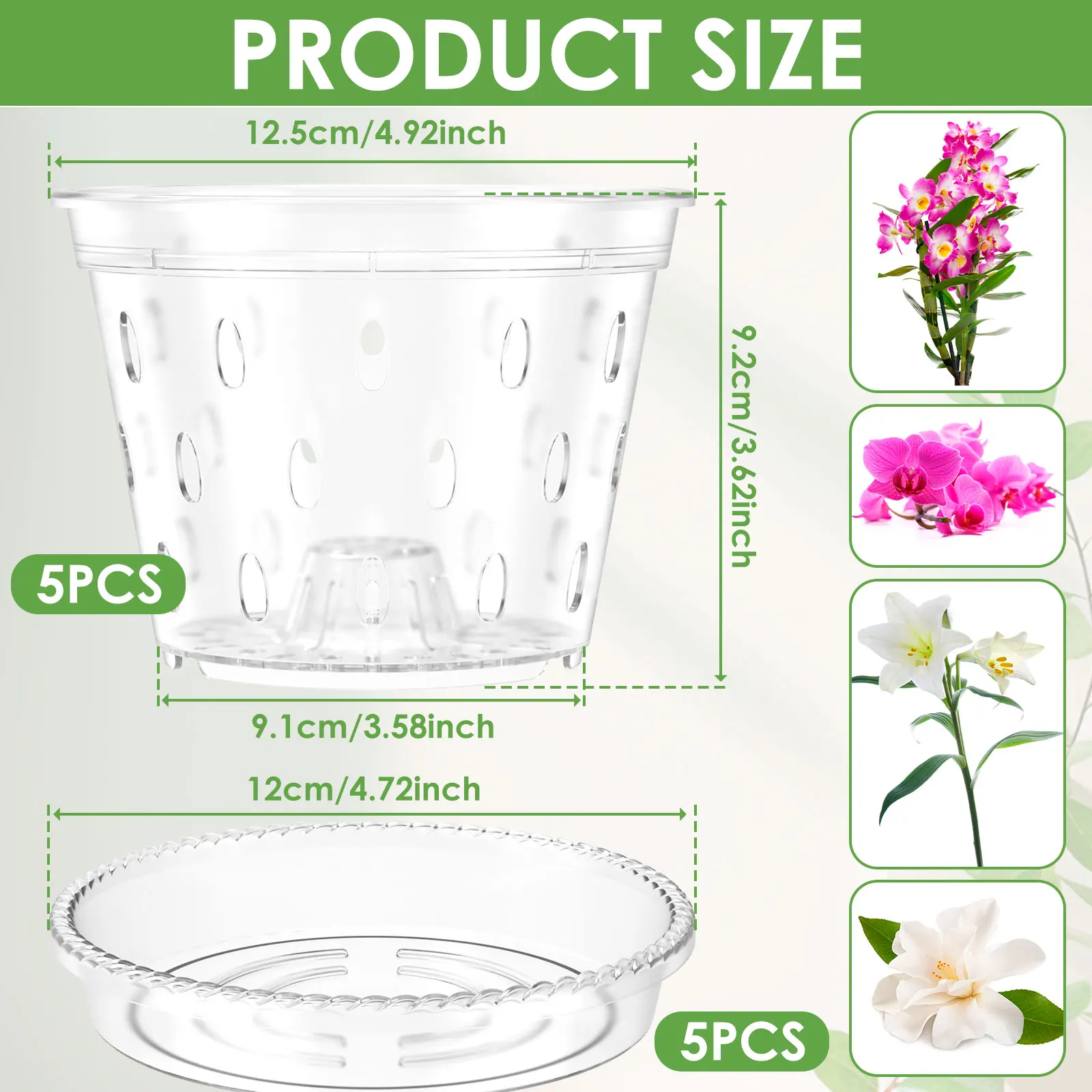5Pcs Plastic Orchid Pot 4/5/6inch Transparent Slotted Orchid Pots with Holes and Saucers Breathable Flower Plant Pot for Nursery 2